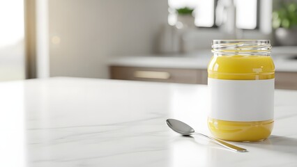 A jar of yellow spread with a spoon on a kitchen countertop