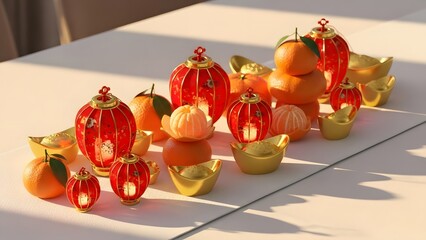 A collection of red lanterns and oranges on a white table