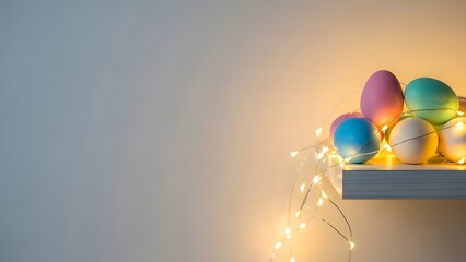 A festive Easter display with colorful eggs and string lights on a shelf