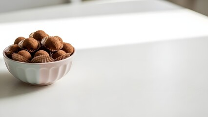 A white bowl filled with chocolate truffles on a clean white surface