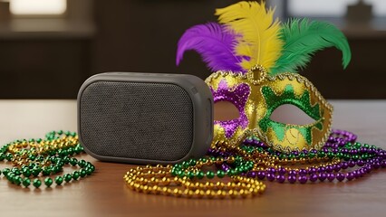 A colorful Mardi Gras mask and beads with a portable speaker on a table