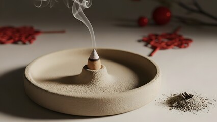 A serene incense stick burns in a peaceful setting with smoke rising