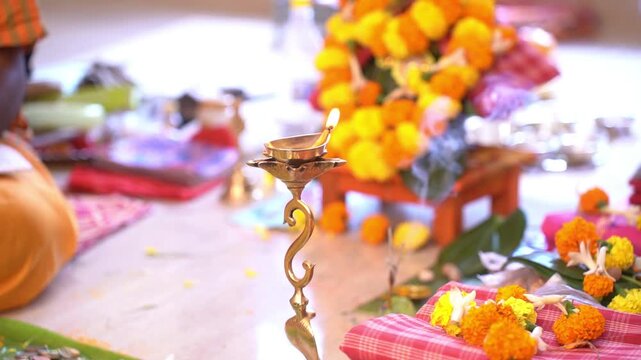Diya is present near the yagna in the rice ceremony event in Kolkata
