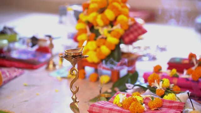 Diya glowing near the Hindu yagna ceremony in India