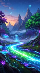 Enchanted valley features towering peaks, a winding river glowing with luminescence, and bioluminescent flora under a twilight sky.