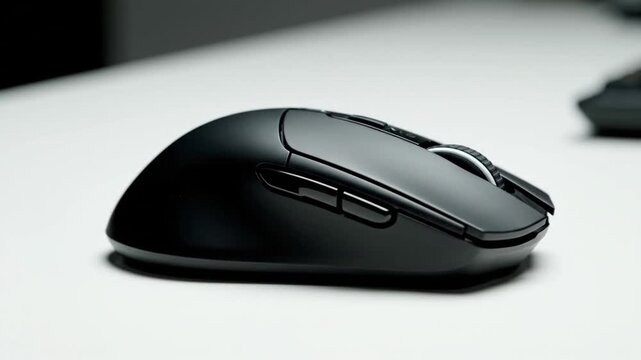 Black wireless computer mouse on white desk surface