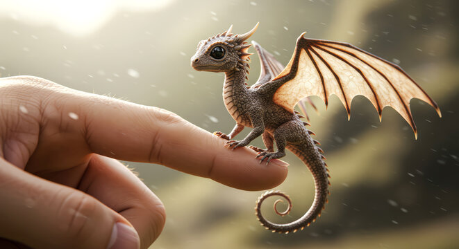 Tiny dragon sitting on a person finger. Fantasy creature concept for story book illustration. Close up on hand.