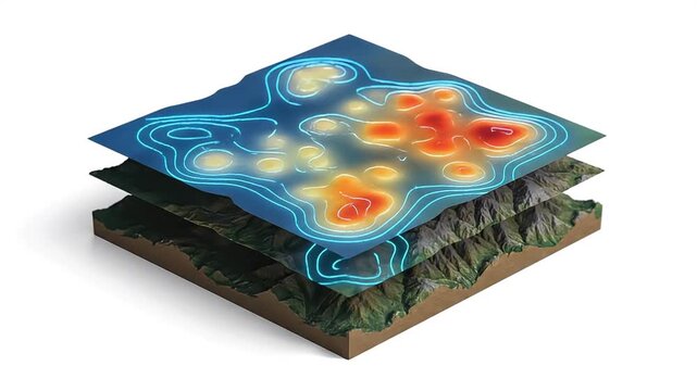Detailed 3D visualization of multi-layered geospatial data, depicting intricate environmental patterns, spatial analysis, and advanced geographic information