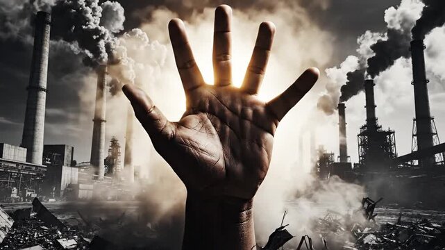 A glowing hand emerges from a smoke-choked industrial scene, symbolizing the urgent global environmental crisis and the vital need for sustainable solutions