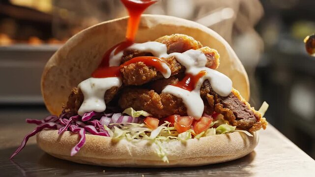 Delicious D?ner Kebab Being Prepared with Fresh Ingredients and Sauces