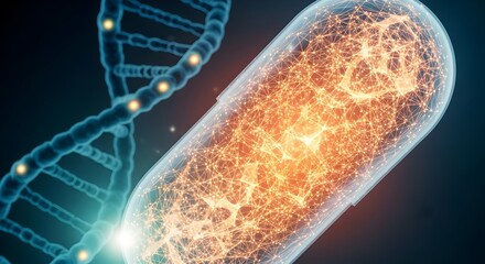 Capsule with nanoparticle, dna helix background representing therapeutic cancer precision medicine and targeted molecular treatment. Medicine 