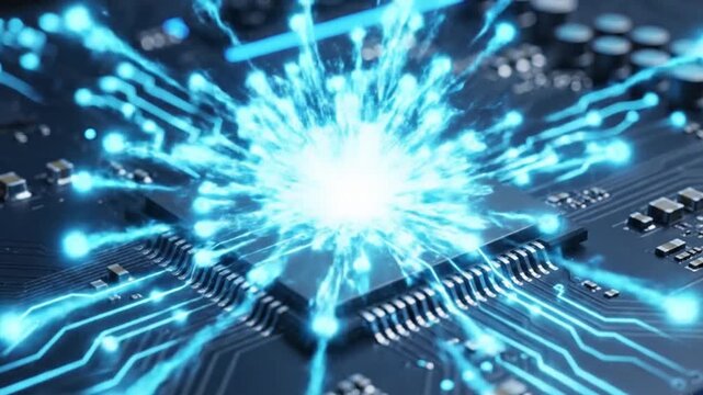 Central processing unit microchip glowing with bright blue digital energy circuits illustrating powerful computation and data transfer.
