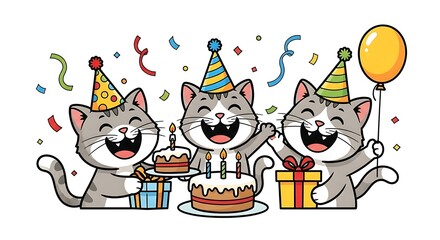 Three Playful Cats Celebrate Birthday Cake Party.