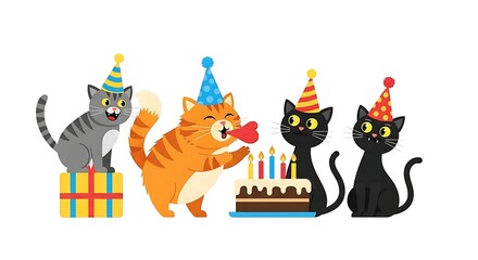 Playful Birthday Cats Partying With Cake And Presents.