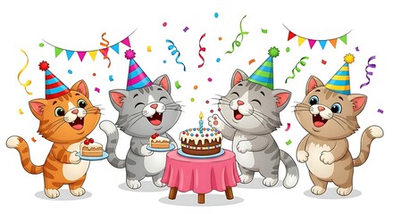 Playful Birthday Party With Four Kittens And Cake.
