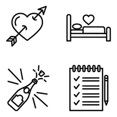 Love and celebration icons: heart pierced by arrow, couple in bed, champagne bottle pop, and to-do list, perfect for romance and party themes.