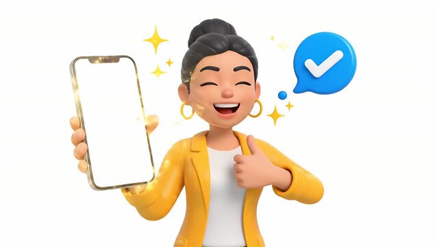 Cartoon Woman Recommends Smartphone App with Verified Check and Thumbs Up