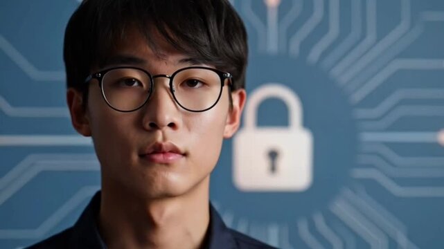 Young Asian tech expert staring intently at a camera with a cybersecurity background and a digital padlock icon.