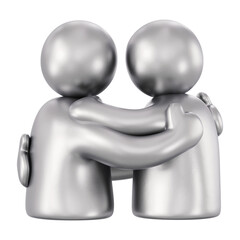 Silver people hugging 3D illustration. Shiny metallic robot figures for mental health support, empathy, futuristic friendship and emotional care. Isolated 3D polished chrome humanoid icon.