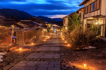 Ice candles illuminating the historic post town of Magome-juku at night