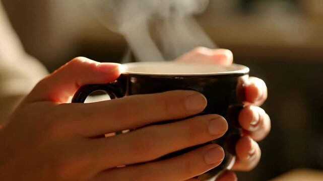Hands hold steaming cup of hot beverage closely 