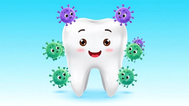 Cute smiling tooth with bacteria germs around showing dental health and oral hygiene protection concept isolated on blue background
