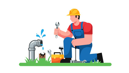 Plumber kneeling by a spraying water pipe with tools nearby