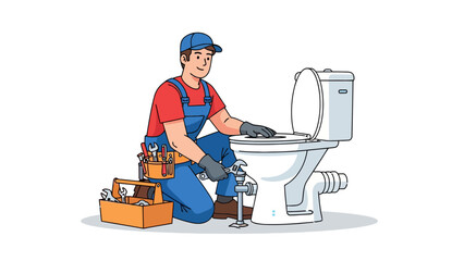 Plumber kneeling by a toilet using a wrench with tools nearby