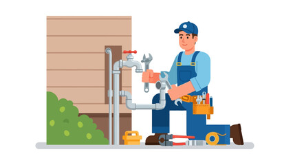 Plumber kneeling by exterior piping and spigot holding wrenches