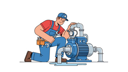 Plumber kneeling fixing a blue electric water pump with a wrench