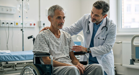 Obraz premium Male doctor reassuring senior patient in wheelchair at hospital. Healthcare professional providing support to elderly man during recovery