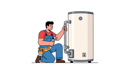 Plumber kneeling next to a large water heater adjusting a pipe connection with a wrench