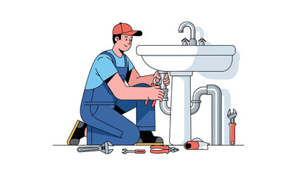 Plumber kneeling repairing sink drain with pliers tools on floor