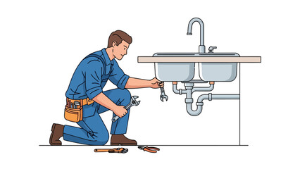 Plumber kneeling repairing pipes under a double kitchen sink with tools