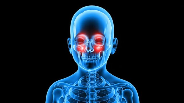 Detailed human skull with glowing red sinuses and blue skeleton