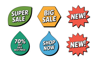 Collection of colorful sale and new product announcement badges