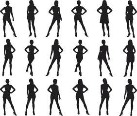 Fototapeta premium Collection of elegant woman silhouettes in stylish poses isolated on white background, fashion female figures vector illustration set