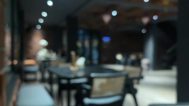 blurred interior of cafe, coffee shop or restaurant. night, dark, black. light, lights. bright. lamp, lamps. white. empty chairs and tables. blurry, defocused, blur. background, backgrounds