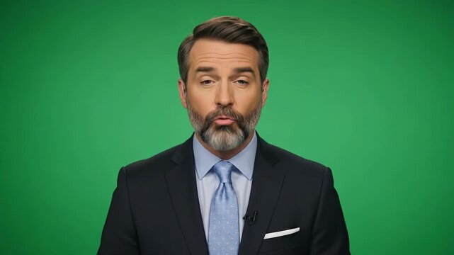 Professional male news anchor delivering broadcast in studio with green screen background.