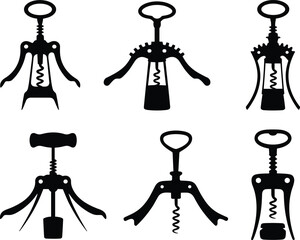 Collection of vintage corkscrew silhouettes isolated on white background, classic wine bottle opener tools vector illustration set