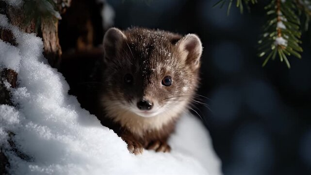 Cute Marten Peeks from Snowy Den in Winter Forest Closeup
