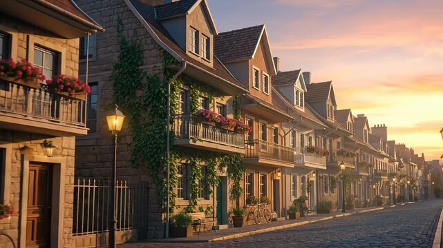 Charming Row of Townhouses with Front Gardens at Sunset.