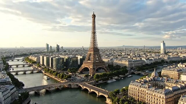 Magnificent aerial view of Eiffel Tower dominating Parisian cityscape, sparkling Seine River bisecting historic districts, in soft golden hour light, tourism.