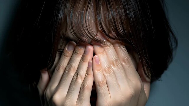 両手で顔を覆い、何かを拒絶する日本人女性の仕草