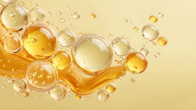 黄金色に輝くオイルの泡と飛沫のクローズアップ