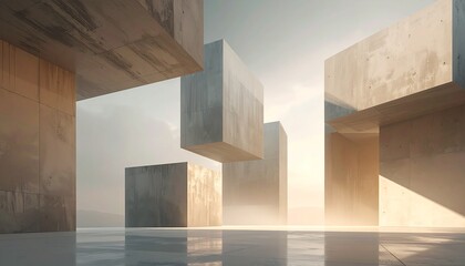 Minimalist futuristic abstract background, vertical mobile, monolithic geometric concrete structures floating, brutalist architecture influence, dramatic light and shadow play, 
