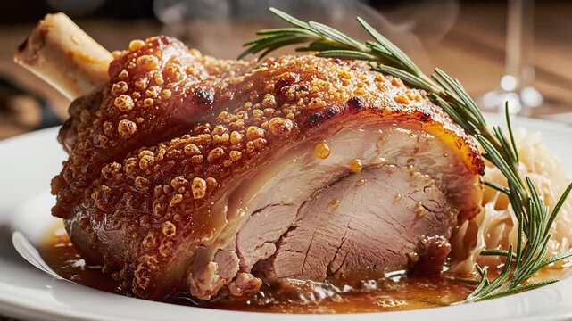 Delicious Roasted Pork Knuckle with Crispy Crackling and Rosemary Garnish