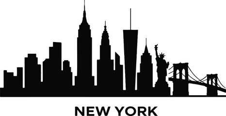 New York City Skyline Silhouette Vector – Statue of Liberty and Iconic Buildings © Mdmokbul