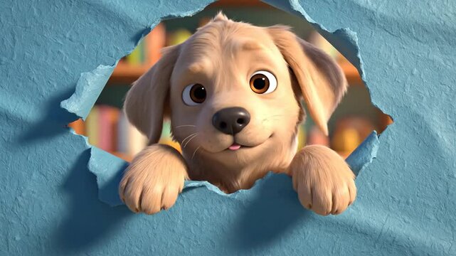 Animated golden retriever puppy emerging through torn blue paper