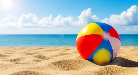 Obraz premium Colorful beach ball on sand near ocean water